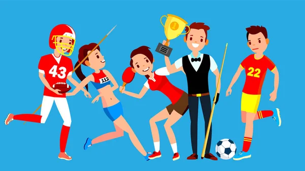 Ensemble d'athlète vecteur. Mec, Femme. Football américain, athlétisme, tennis de table, billard, football. Groupe De Gens De Sport En Uniforme, Vêtements. Caractère sportif dans le jeu d'action. Illustration de dessin animé plat — Image vectorielle