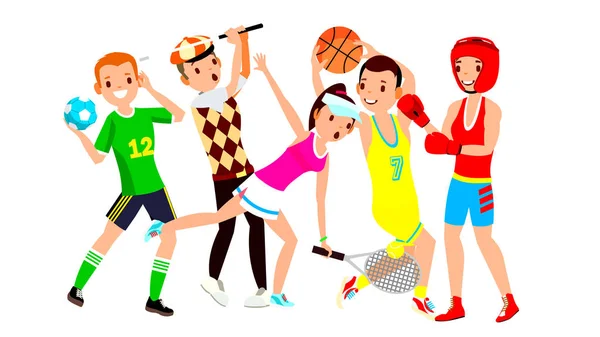 运动员集向量。男人, 女人。手球, 高尔夫, 网球, 篮球, 拳击。在制服, 服装的体育人群。运动员角色在游戏动作。平面卡通插图 — 图库矢量图片