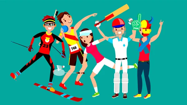 Vector de Set de Atletas. Hombre, Mujer. Esquí, Atletismo, Tenis, Béisbol, Ventilador. Grupo de deportistas uniformados, vestidos. Deportista personaje en acción del juego. Ilustración plana de dibujos animados — Vector de stock