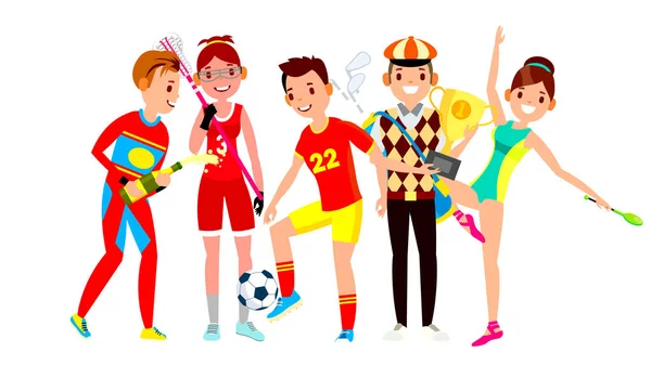 Athlete Set Vector. Man, Woman. Lacrosse, Soccer, Golf, Gymnastics. Group Of Sports People In Uniform, Apparel. Sportsman Character In Game Action. Flat Cartoon Illustration — Stock Vector