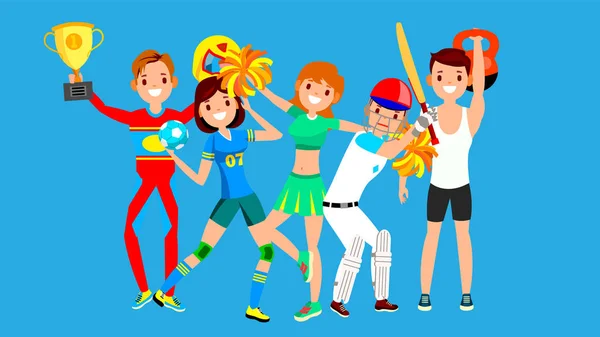 Atleta Set Vector. Homem, mulher. Handball, Cheerleader, Baseball, Fitness Man. Grupo de Desporto Pessoas Uniformes, Vestuário. Desportista personagem em ação do jogo. Ilustração de desenhos animados plana —  Vetores de Stock