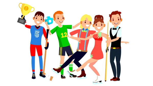 Athlete Set Vector. Man, Woman. Hockey, Handball, Figure Skating, Snooker. Group Of Sports People In Uniform, Apparel. Sportsman Character In Game Action. Flat Cartoon Illustration — Stock Vector