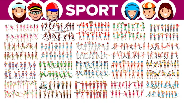 Athlete Set Vector. Man, Woman. Group Of Sports People In Uniform, Apparel. Sportsman Character In Game Action. Flat Cartoon Illustration — Stock Vector