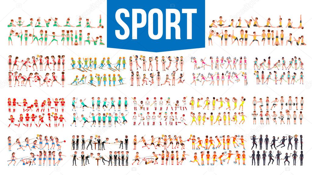 Athlete Set Vector. Man, Woman. Group Of Sports People In Uniform, Apparel. Character In Game Action. Flat Cartoon Illustration