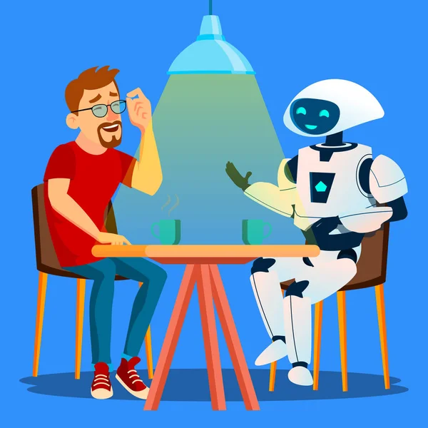 Робот хорошо проводит время с другом за столом в кафе "Вектор". Изолированная иллюстрация — стоковый вектор
