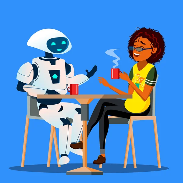 Robot met een goede tijd met vriend vrouw aan tafel In Cafe Vector. Geïsoleerde illustratie — Stockvector