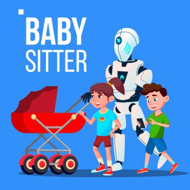 Bebek bakıcısı Robot bebek arabası vektör ile gidiyor. İzole illüstrasyon