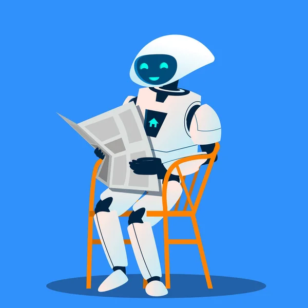 Robot rusten op stoel en het lezen van de krant Vector. Geïsoleerde illustratie — Stockvector