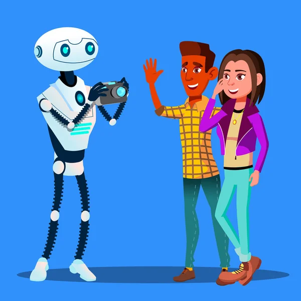 Robot toma fotos de joven feliz pareja hombre y mujer vector. Ilustración aislada — Vector de stock