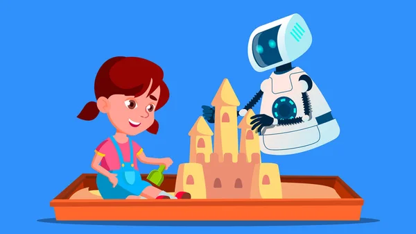 Robot bouwt een kasteel zand met kindje op de sandbox-Vector. Geïsoleerde illustratie — Stockvector