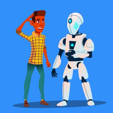 Robot arkadaş adam vektör ile konuşuyor. İzole illüstrasyon