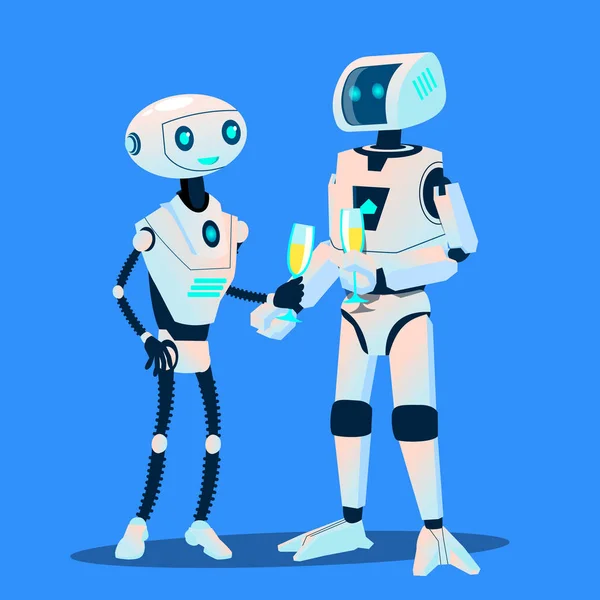 Zwei verliebte Roboter verabreden sich mit Sektgläsern. Vereinzelte Illustration — Stockvektor