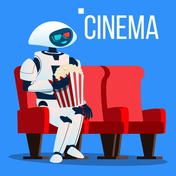 Roboter sitzt in 3D-Brille auf Stuhl im Kino und hält Popcorn in Händen. Vereinzelte Illustration — Stockvektor