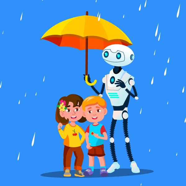 Robot mantiene un paraguas abierto sobre un niño pequeño durante el vector de lluvia. Ilustración aislada — Archivo Imágenes Vectoriales