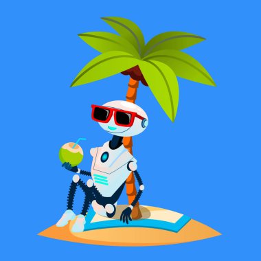 Palm Beach vektör üzerinde altında robot tatile Sunbathes. İzole illüstrasyon