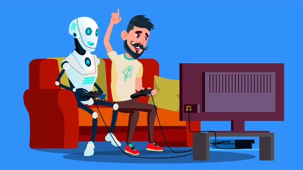 Robô jogando videogame com o amigo Vector. Ilustração isolada — Vetor de Stock
