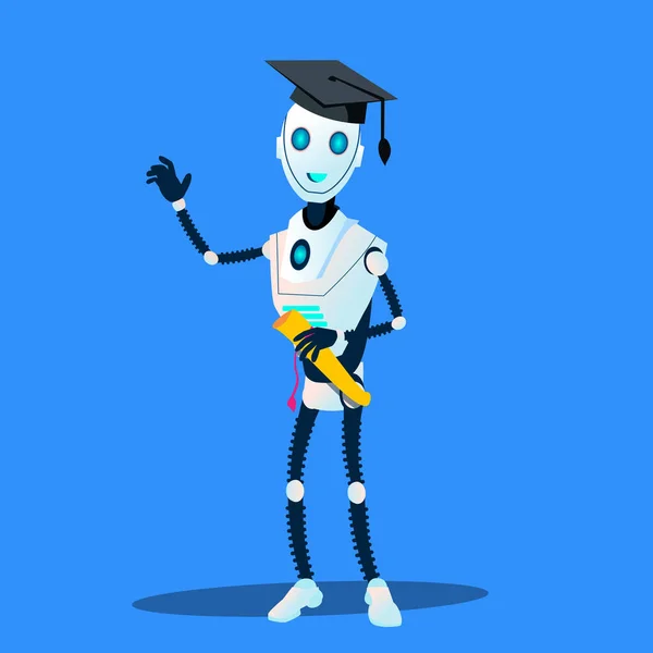 Robot inteligente en la tapa del graduado y diploma en las manos Vector. Ilustración aislada — Archivo Imágenes Vectoriales