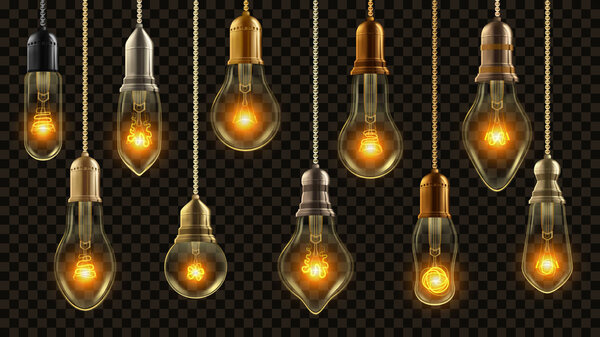 Light Bulb Vintage Set Vector. Glowing Shine Lamp. Transparent 3D Realistic Electric Retro Loft Or Steampunk Style Hanging Decorative Lights Illustration