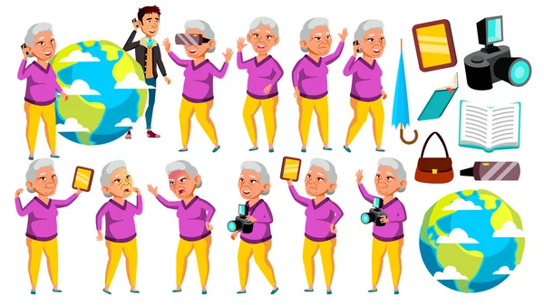Asian Old Woman Poses Set Vector. Elderly People. Senior Person. Aged. Positive Pensioner. Web, Brochure, Poster Design. Isolated Cartoon Illustration — Stock Vector