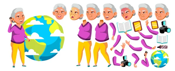 Asyalı yaşlı kadın vektör. Üst düzey kişi portre. Yaşlı insanlar. Yaşlı. Animasyon oluşturma küme. Duygular, hareketleri karşısında. Şirin emekli. Etkinlik. Web, broşür. Animasyon. İzole illüstrasyon — Stok Vektör