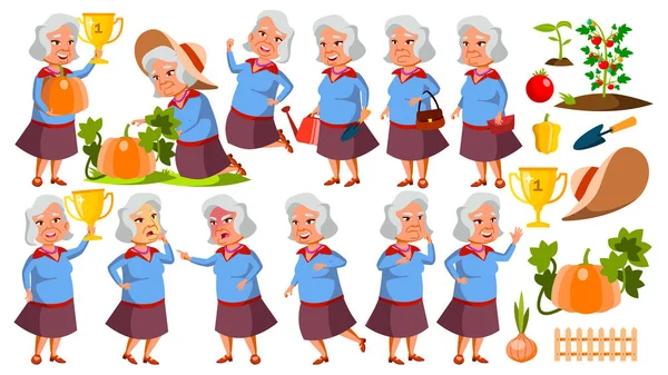 Asian Old Woman Poses Set Vector. Elderly People. Senior Person. Vegetable Garden. Aged. Friendly Grandparent. Banner, Flyer, Brochure Design. Isolated Cartoon Illustration — Stock Vector