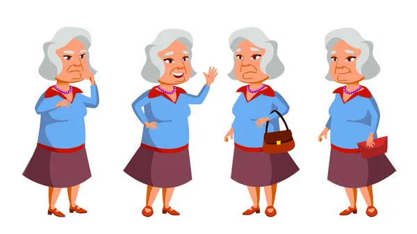 Asian Old Woman Poses Set Vector. Elderly People. Senior Person. Aged. Cheerful Grandparent. Presentation, Invitation, Card Design. Isolated Cartoon Illustration
