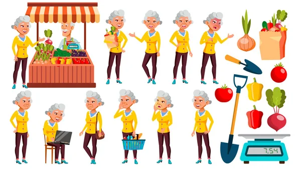 Asian Old Woman Poses Set Vector. Elderly People. Ecological Vegetables, Market. Senior Person. Aged. Cute Retiree. Activity. Advertisement, Announcement Design. Isolated Cartoon Illustration — Stock Vector