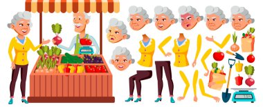 Asian Old Woman Vector. Senior Person Portrait. Elderly People. Aged. Animation Creation Set. Ecological Vegetables, Market. Emotions, Gestures. Active Grandparent. Animated. Isolated Illustration clipart