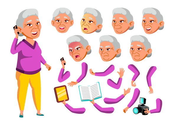 Mulher Velha Asiática Vector. Pessoa sénior. Idoso, Idoso. Lazer, Sorriso. Emoções faciais, vários gestos. Conjunto de Criação de Animação. Ilustração de Personagem de Desenhos Animados Planos Isolados —  Vetores de Stock