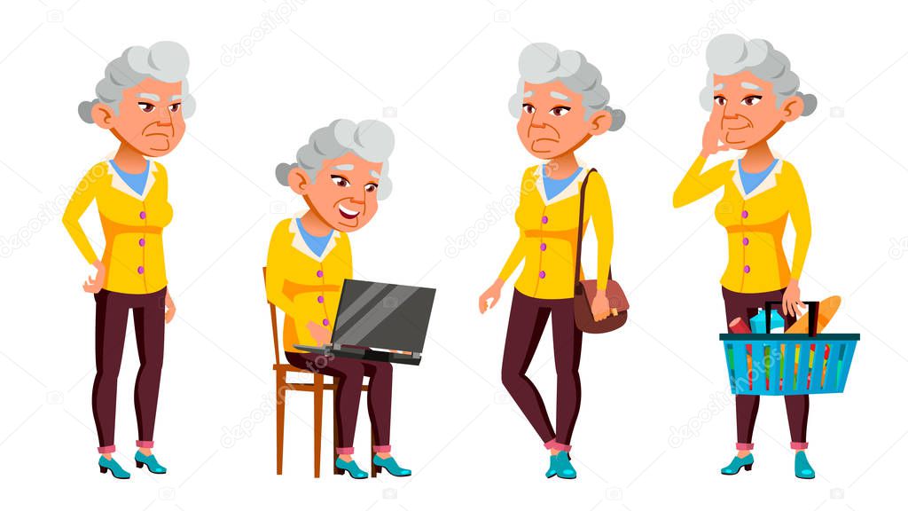 Asian Old Woman Poses Set Vector. Elderly People. Senior Person. Aged. Beautiful Retiree. Life. Presentation, Print, Invitation Design. Isolated Cartoon Illustration