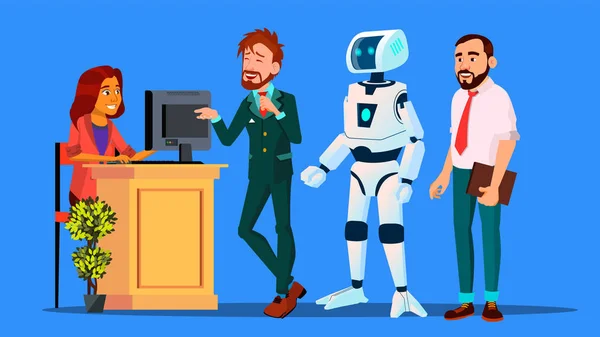 Robot Standing In Line Among People At Check-In Desk Vector. Isolated Illustration