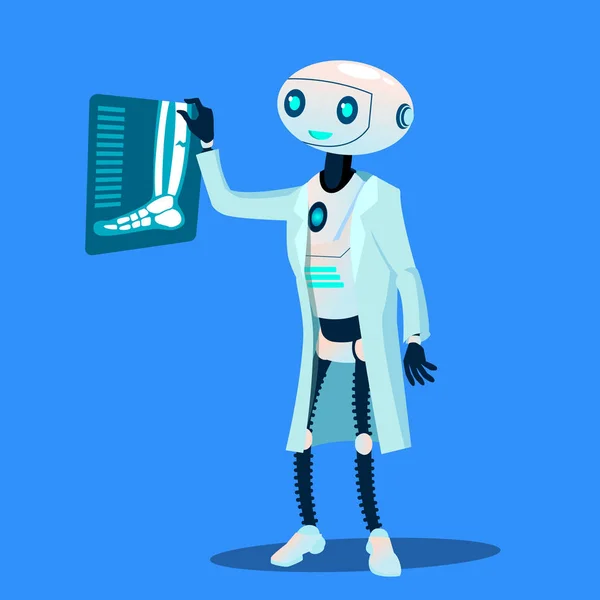 Robot Doctor examina la fotografía de rayos X del vector de la pierna rota. Ilustración aislada — Archivo Imágenes Vectoriales