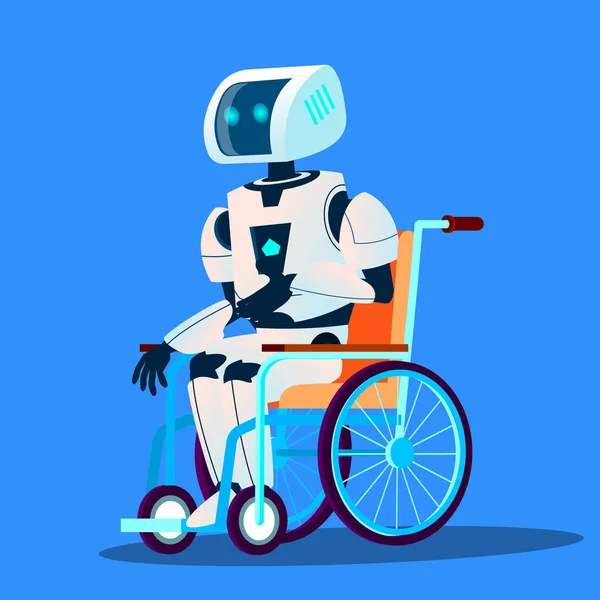 Gebrochener Roboter, der sich im Rollstuhl bewegt. Vereinzelte Illustration — Stockvektor