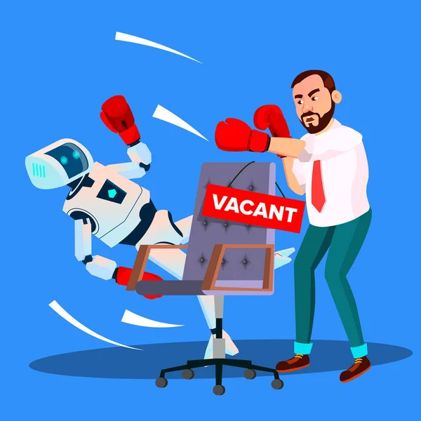 Boxe robot con uomo d'affari per posto vacante al lavoro, HR Concept Vector. Illustrazione isolata — Vettoriale Stock