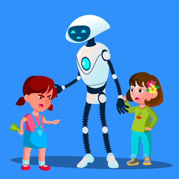 Робот расставляет двух девочек, сражающихся с детьми-векторами. Изолированная иллюстрация — стоковый вектор