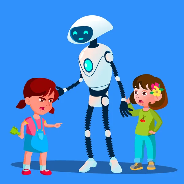Robot Sets Apart Two Girls Fighting Kids Vector. Isolated Illustration Royalty Free Stock Vectors