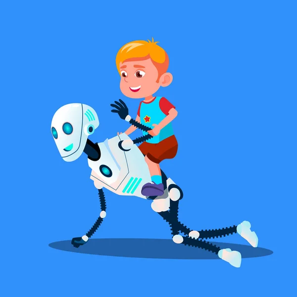 Robot gry z mały chłopiec dziecko siedzi na jego tylnej wektor. Ilustracja na białym tle — Wektor stockowy