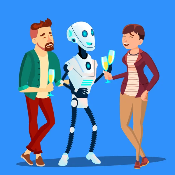 Robot drinken Champagne en lachen om partij met Man en vrouw Vector. Geïsoleerde illustratie — Stockvector