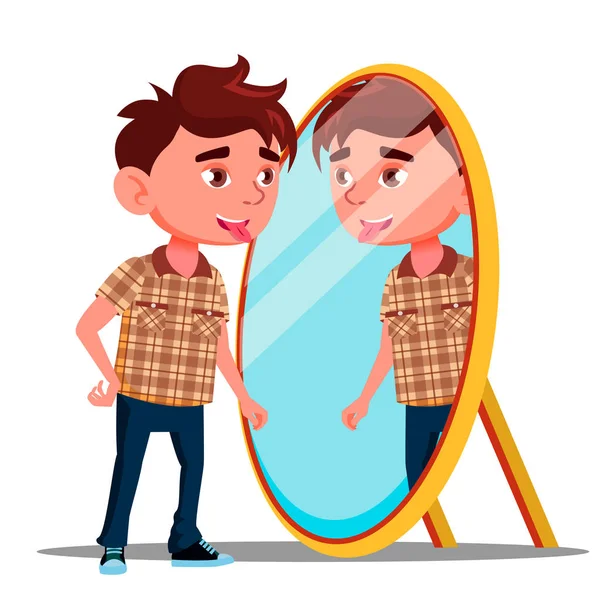 Boy Shows Tongue In His Reflection In The Mirror Vector. Ilustração isolada — Vetor de Stock