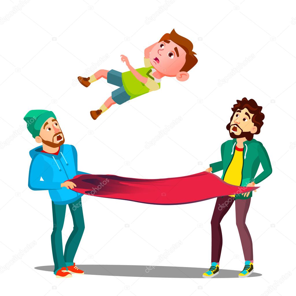 Men Catching Kid Boy Falling Out Of Window On Fire Awning Vector. Isolated Illustration