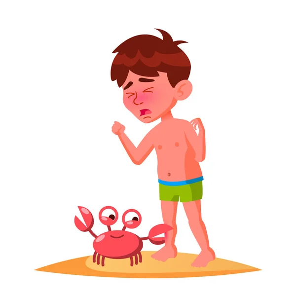 Crab Bit The Finger Of Crying Boy Vector. Isolated Illustration — Stock Vector