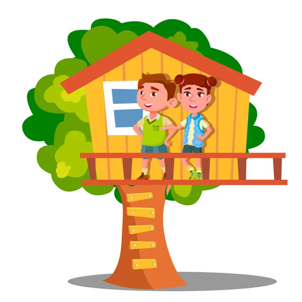 Ragazzo e ragazza che giocano al vettore della casa sull'albero. Illustrazione isolata — Vettoriale Stock