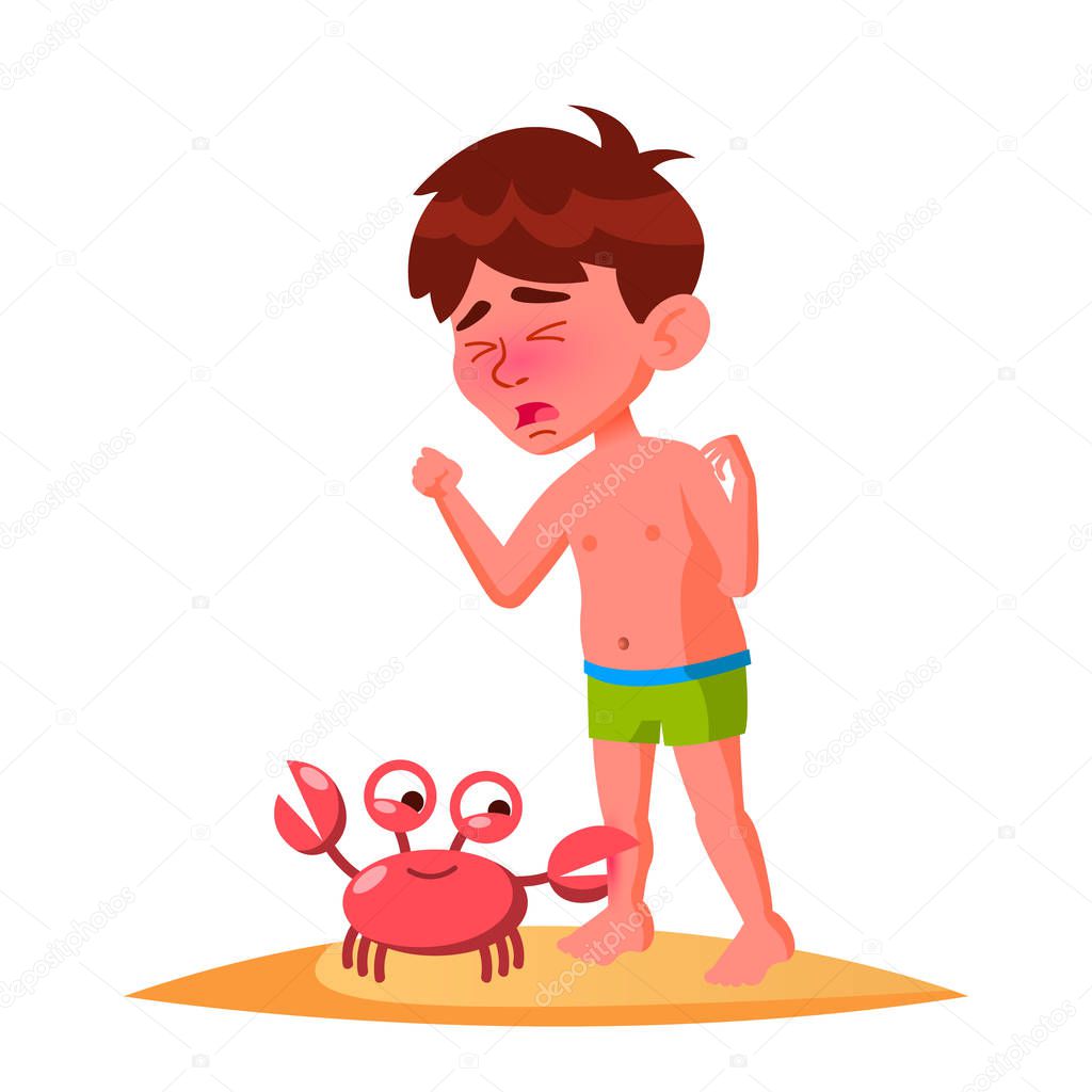 Crab Bit The Finger Of Crying Boy Vector. Isolated Illustration
