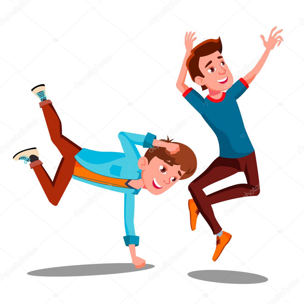 Two Boys Dancing Break On Arms Vector. Isolated Illustration