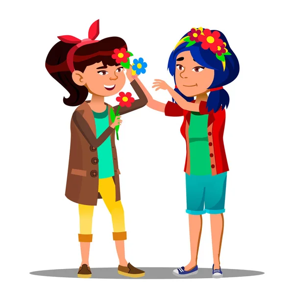 Deux filles asiatiques se décorer avec des fleurs pour le festival du printemps et des fleurs vecteur. Illustration isolée — Image vectorielle