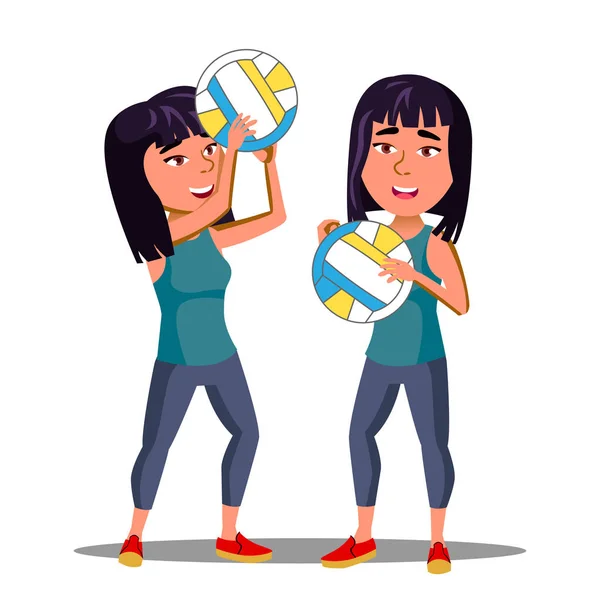 Asiatisk tjej i sport Form spelar volleyboll vektor. Isolerade Illustration — Stock vektor