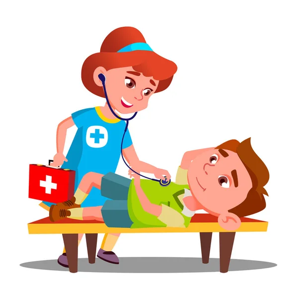 Child Play Doctor Lying Unconscious On Bench And Second Child Girl Provides First Aid Vector. Isolated Illustration — Stock Vector