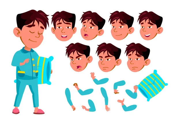 Asijské Boy, dítě, dítě, dospívající vektoru. Školák. Přednáška. Tvář emoce, různá gesta. Animace tvorby sady. Izolované ploché kreslená postava ilustrace — Stockový vektor