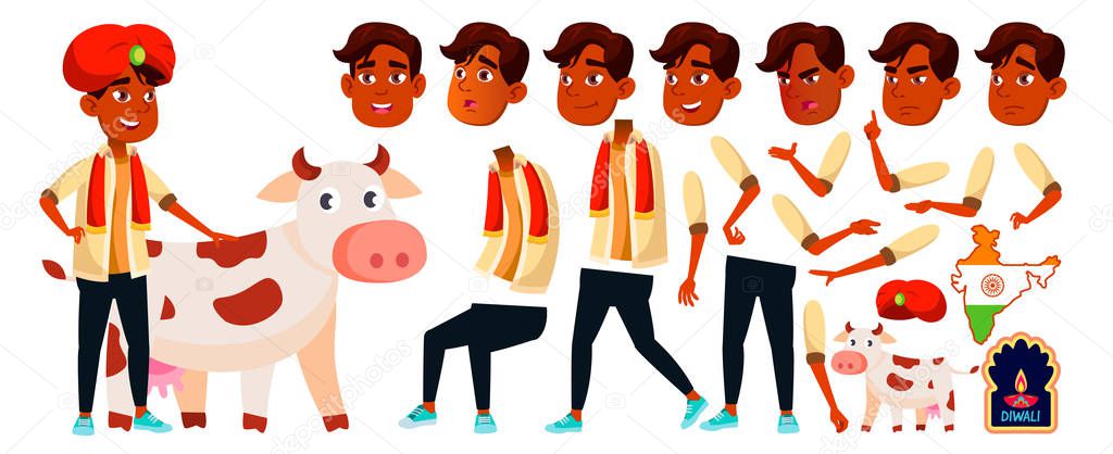 Indian Boy Vector. Diwali, Holy, Cow. High School Child. Animation Creation Set. Face Emotions, Gestures. Positive. For Advertisement, Greeting, Announcement Design. Animated. Isolated Illustration