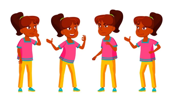 Menina indiana Kid Poses Set Vector. Criança do liceu. Adolescente. Para Publicidade, Saudação, Anúncio Design. Ilustração de desenhos animados isolados — Vetor de Stock